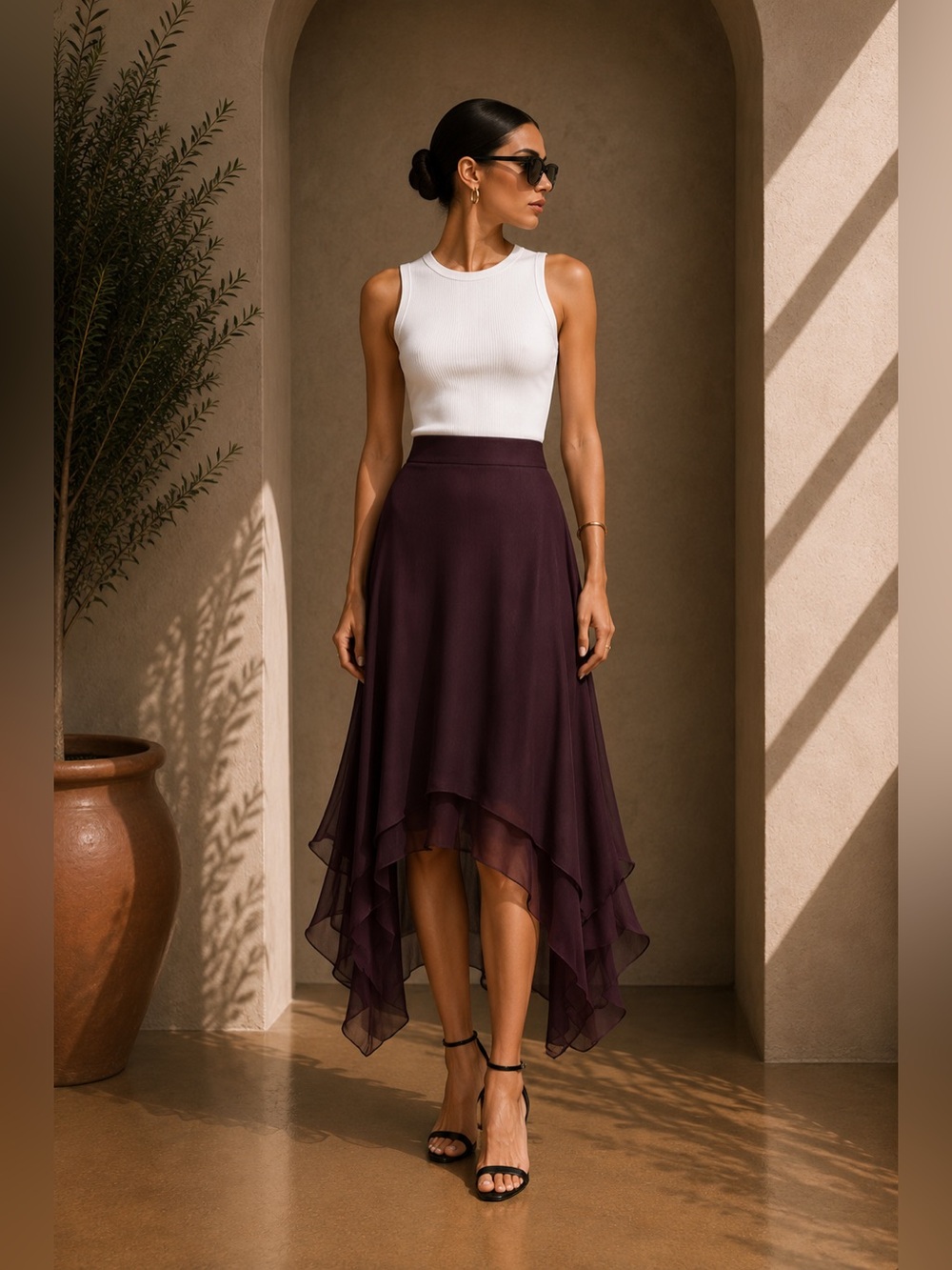 Commense Deep Plum Asymmetrical Layered Skirt
